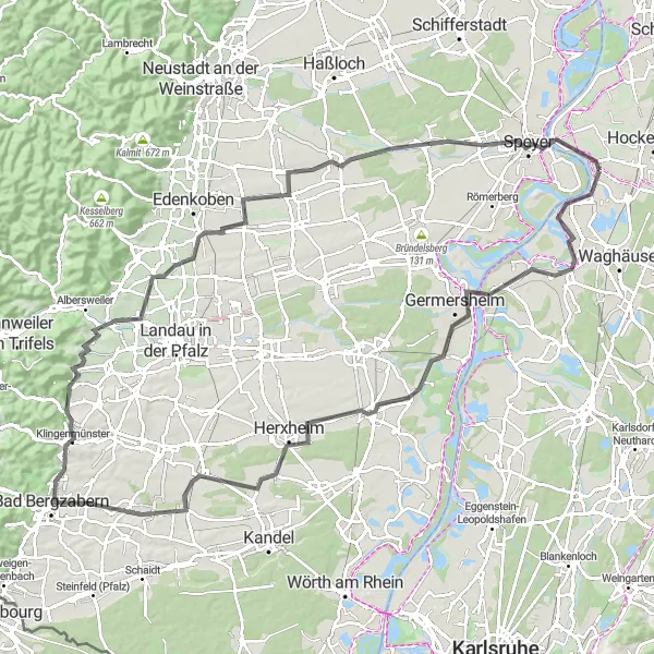 Map miniature of "Exploring the Southern Palatinate" cycling inspiration in Karlsruhe, Germany. Generated by Tarmacs.app cycling route planner