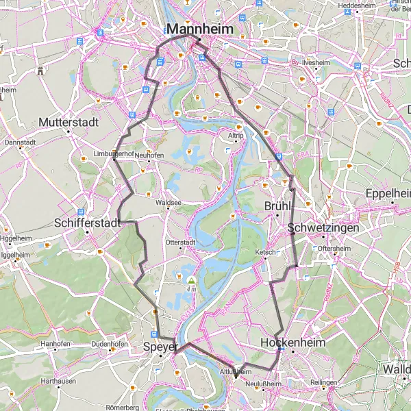 Map miniature of "Mannheim Rhein-Neckar Promenade" cycling inspiration in Karlsruhe, Germany. Generated by Tarmacs.app cycling route planner