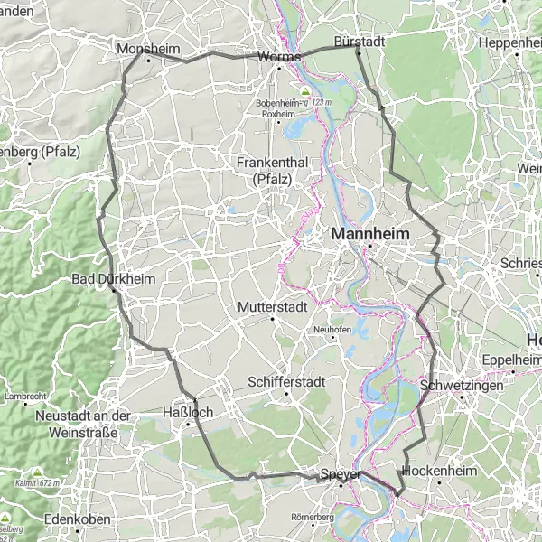 Map miniature of "The Wine Route Challenge" cycling inspiration in Karlsruhe, Germany. Generated by Tarmacs.app cycling route planner