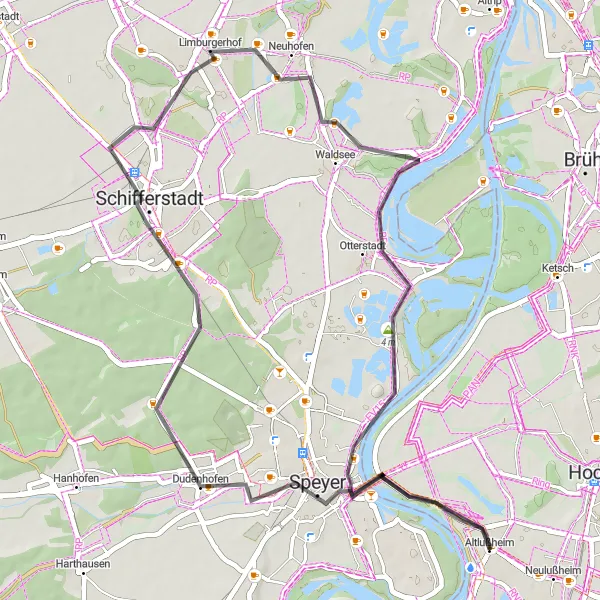 Map miniature of "Rheinland Beauty Road Loop" cycling inspiration in Karlsruhe, Germany. Generated by Tarmacs.app cycling route planner