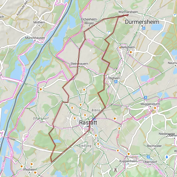 Map miniature of "Exploring Ötigheim and Beyond" cycling inspiration in Karlsruhe, Germany. Generated by Tarmacs.app cycling route planner