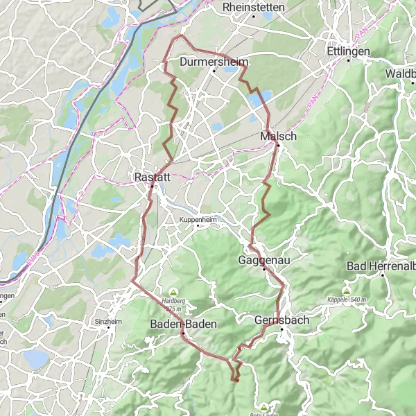 Karten-Miniaturansicht der Radinspiration "Gravelabenteuer durch die Natur" in Karlsruhe, Germany. Erstellt vom Tarmacs.app-Routenplaner für Radtouren