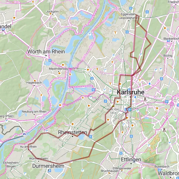 Map miniature of "The Riverside Escape" cycling inspiration in Karlsruhe, Germany. Generated by Tarmacs.app cycling route planner
