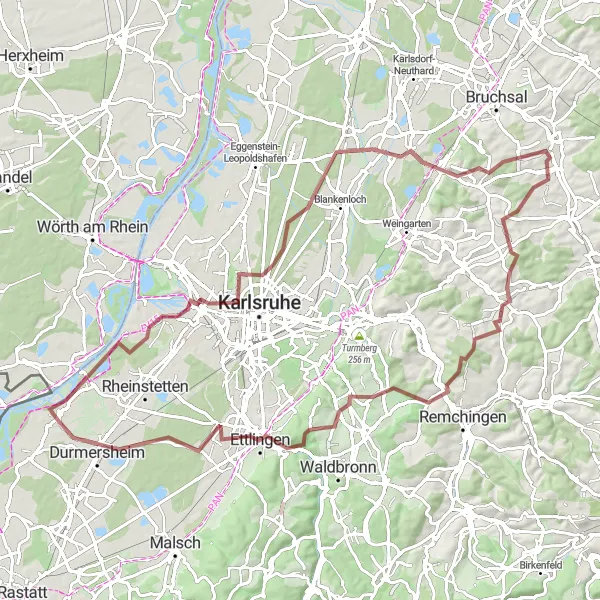 Karten-Miniaturansicht der Radinspiration "Gravelabenteuer bei Au am Rhein" in Karlsruhe, Germany. Erstellt vom Tarmacs.app-Routenplaner für Radtouren