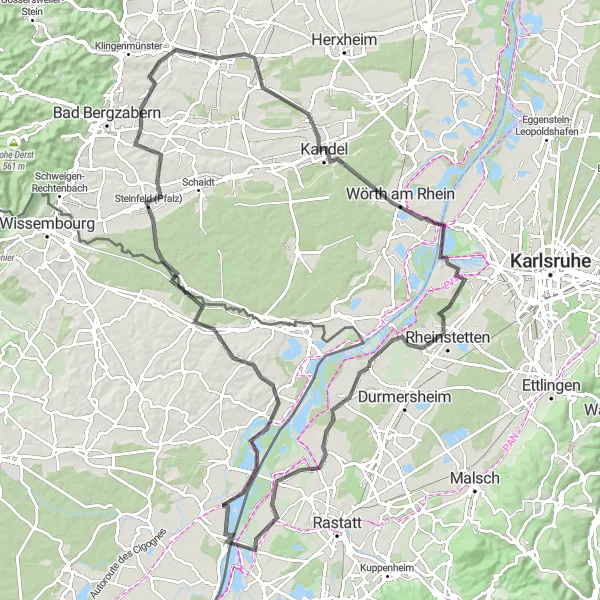 Map miniature of "The Majestic Rhine Circuit" cycling inspiration in Karlsruhe, Germany. Generated by Tarmacs.app cycling route planner