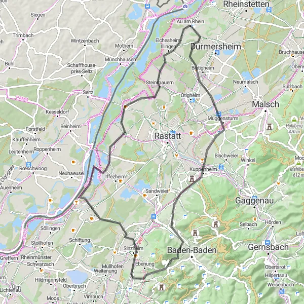 Map miniature of "Sinzheim Loop" cycling inspiration in Karlsruhe, Germany. Generated by Tarmacs.app cycling route planner