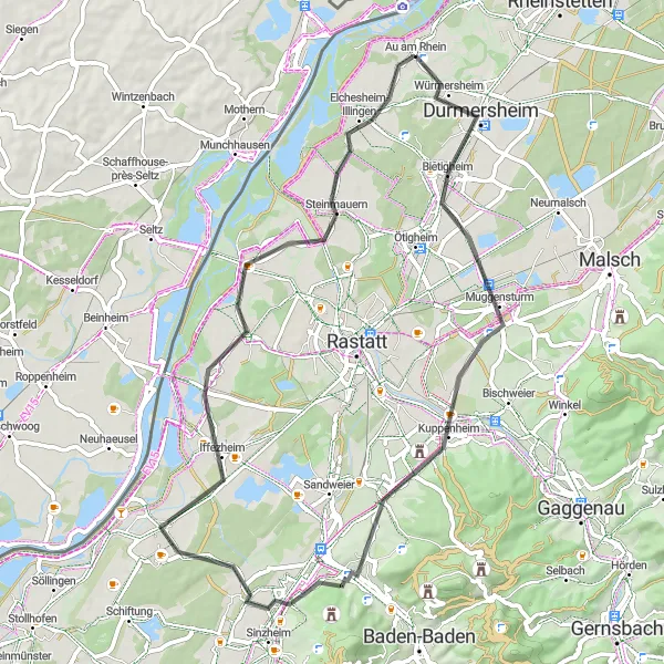 Map miniature of "Hidden Gems" cycling inspiration in Karlsruhe, Germany. Generated by Tarmacs.app cycling route planner