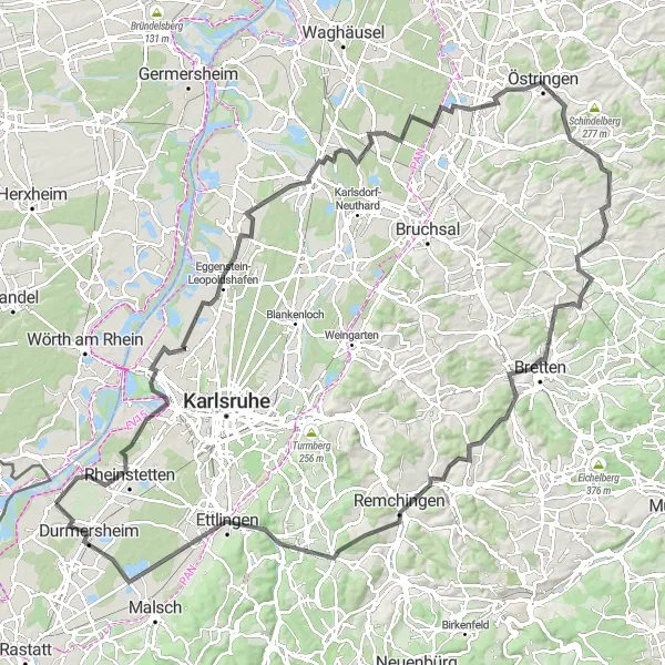 Map miniature of "Karlsruhe Grand Tour" cycling inspiration in Karlsruhe, Germany. Generated by Tarmacs.app cycling route planner