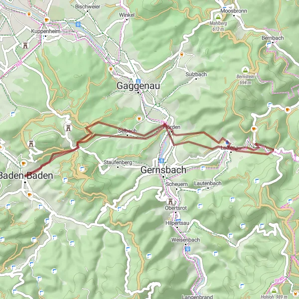 Map miniature of "Kurhaus and Battert Gravel Adventure" cycling inspiration in Karlsruhe, Germany. Generated by Tarmacs.app cycling route planner