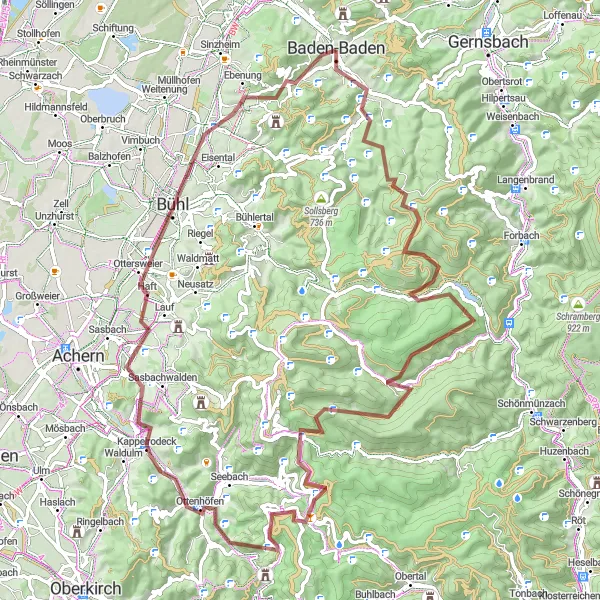 Map miniature of "Baden-Baden and Schwarzwald Road Expedition" cycling inspiration in Karlsruhe, Germany. Generated by Tarmacs.app cycling route planner