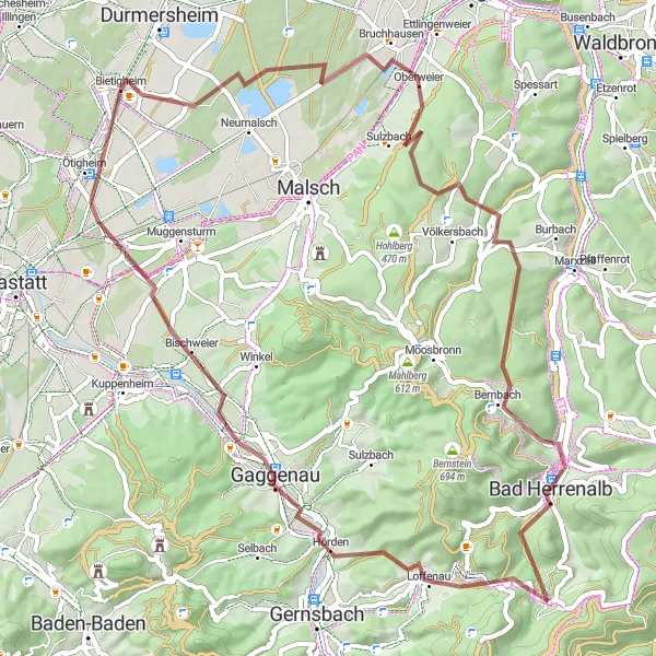 Map miniature of "Bietigheim to Ötigheim Gravel Route" cycling inspiration in Karlsruhe, Germany. Generated by Tarmacs.app cycling route planner