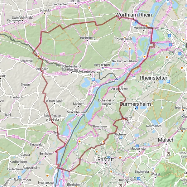 Map miniature of "Bietigheim to Au am Rhein Gravel Route" cycling inspiration in Karlsruhe, Germany. Generated by Tarmacs.app cycling route planner