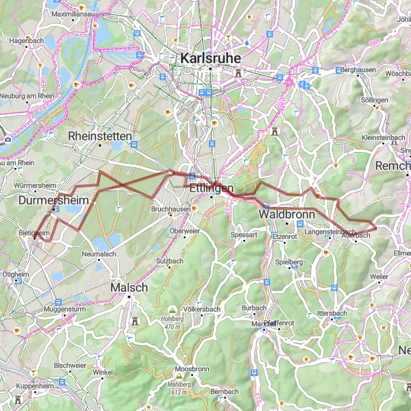 Map miniature of "Rust Gravel Loop" cycling inspiration in Karlsruhe, Germany. Generated by Tarmacs.app cycling route planner