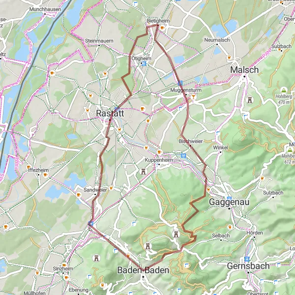 Map miniature of "Durmersheim Gravel Adventure" cycling inspiration in Karlsruhe, Germany. Generated by Tarmacs.app cycling route planner