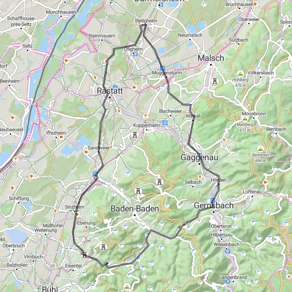 Map miniature of "Gernsbach Loop" cycling inspiration in Karlsruhe, Germany. Generated by Tarmacs.app cycling route planner