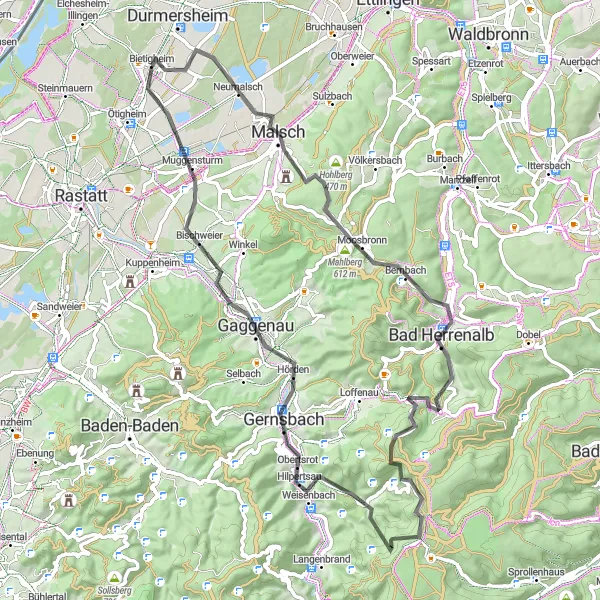 Map miniature of "Malsch Loop" cycling inspiration in Karlsruhe, Germany. Generated by Tarmacs.app cycling route planner