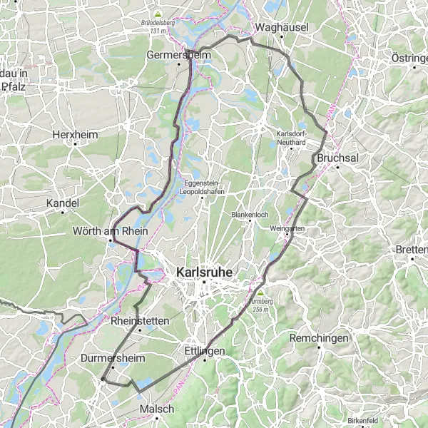 Karten-Miniaturansicht der Radinspiration "Erforschen Sie die Rheinebene auf dem Rennrad" in Karlsruhe, Germany. Erstellt vom Tarmacs.app-Routenplaner für Radtouren