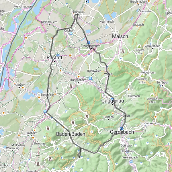 Map miniature of "Bietigheim to Ötigheim Road Route" cycling inspiration in Karlsruhe, Germany. Generated by Tarmacs.app cycling route planner