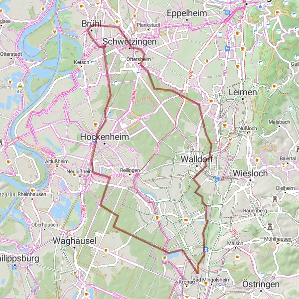 Map miniature of "Brühl to Hockenheim Gravel Route" cycling inspiration in Karlsruhe, Germany. Generated by Tarmacs.app cycling route planner