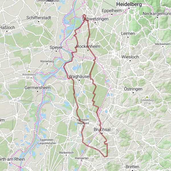 Karten-Miniaturansicht der Radinspiration "Graveltour durch Hockenheim und Brühl" in Karlsruhe, Germany. Erstellt vom Tarmacs.app-Routenplaner für Radtouren