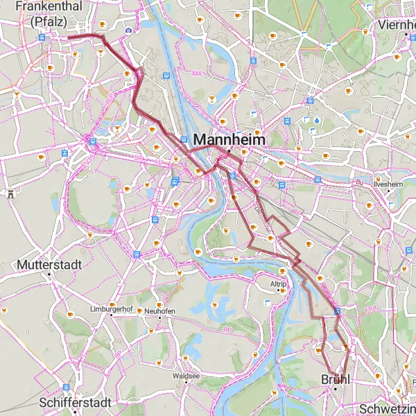 Map miniature of "Exploring Mannheim Gravel Adventure" cycling inspiration in Karlsruhe, Germany. Generated by Tarmacs.app cycling route planner