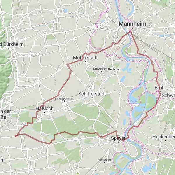 Map miniature of "Haßloch Gravel Adventure" cycling inspiration in Karlsruhe, Germany. Generated by Tarmacs.app cycling route planner