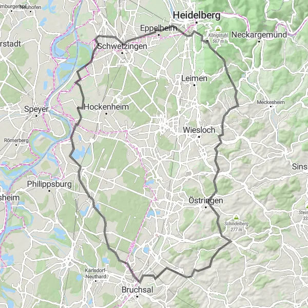 Map miniature of "Scenic Schwetzingen Road Loop" cycling inspiration in Karlsruhe, Germany. Generated by Tarmacs.app cycling route planner