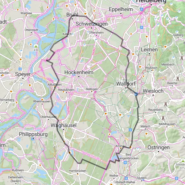 Karten-Miniaturansicht der Radinspiration "Rundfahrt durch die Rheinebene" in Karlsruhe, Germany. Erstellt vom Tarmacs.app-Routenplaner für Radtouren