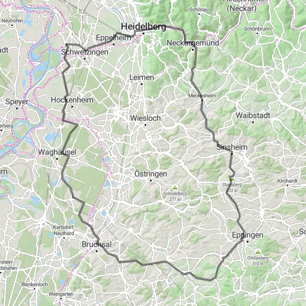 Map miniature of "Spectacular Tour of Heidelberg" cycling inspiration in Karlsruhe, Germany. Generated by Tarmacs.app cycling route planner