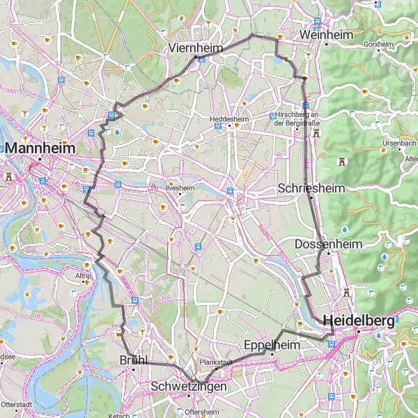 Map miniature of "Exploring Schwetzingen and Eppelheim Road Ride" cycling inspiration in Karlsruhe, Germany. Generated by Tarmacs.app cycling route planner