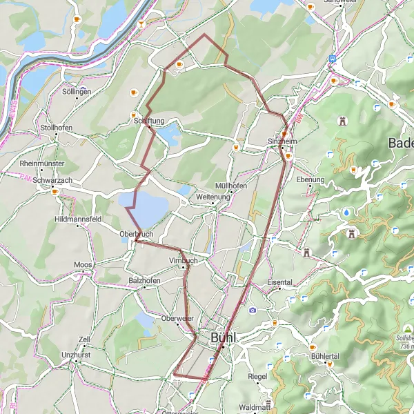Karten-Miniaturansicht der Radinspiration "Gravel Adventure Trail" in Karlsruhe, Germany. Erstellt vom Tarmacs.app-Routenplaner für Radtouren