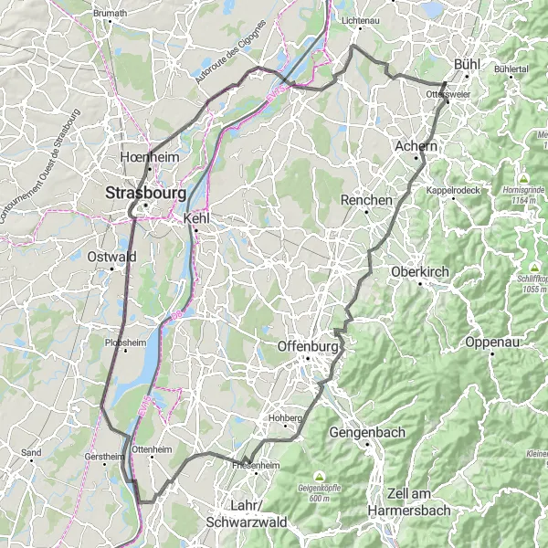 Karten-Miniaturansicht der Radinspiration "Road-Biking-Abenteuer in der Nähe von Bühl" in Karlsruhe, Germany. Erstellt vom Tarmacs.app-Routenplaner für Radtouren