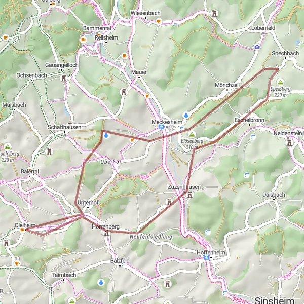 Karten-Miniaturansicht der Radinspiration "Gravel-Tour Meckesheim-Horrenburg" in Karlsruhe, Germany. Erstellt vom Tarmacs.app-Routenplaner für Radtouren