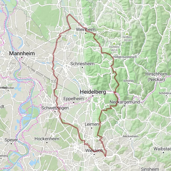 Map miniature of "The Gravel Excursion" cycling inspiration in Karlsruhe, Germany. Generated by Tarmacs.app cycling route planner