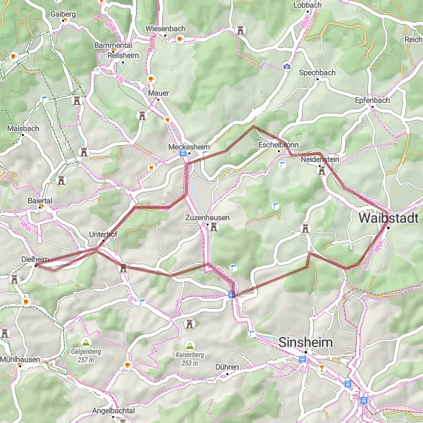 Map miniature of "A Gravel Journey" cycling inspiration in Karlsruhe, Germany. Generated by Tarmacs.app cycling route planner