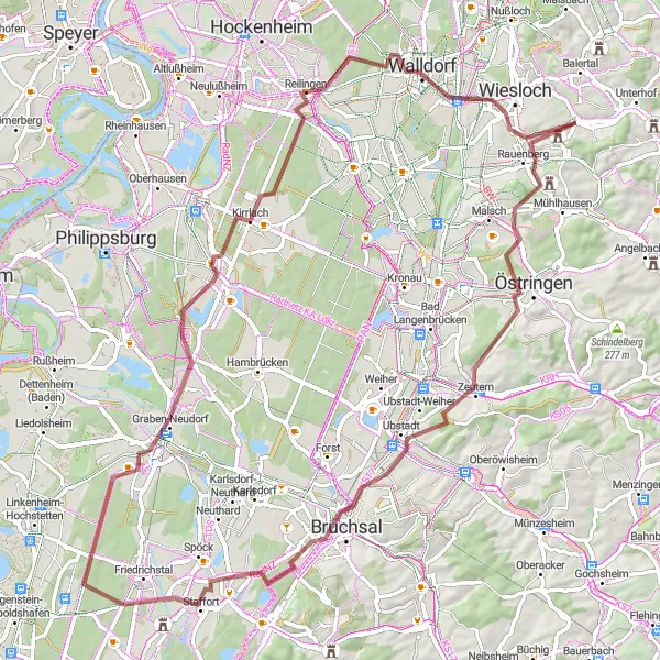 Map miniature of "The Galgenberg Gravel Adventure" cycling inspiration in Karlsruhe, Germany. Generated by Tarmacs.app cycling route planner