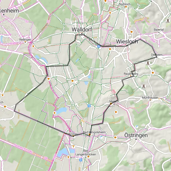 Map miniature of "Rauenberg Loop" cycling inspiration in Karlsruhe, Germany. Generated by Tarmacs.app cycling route planner