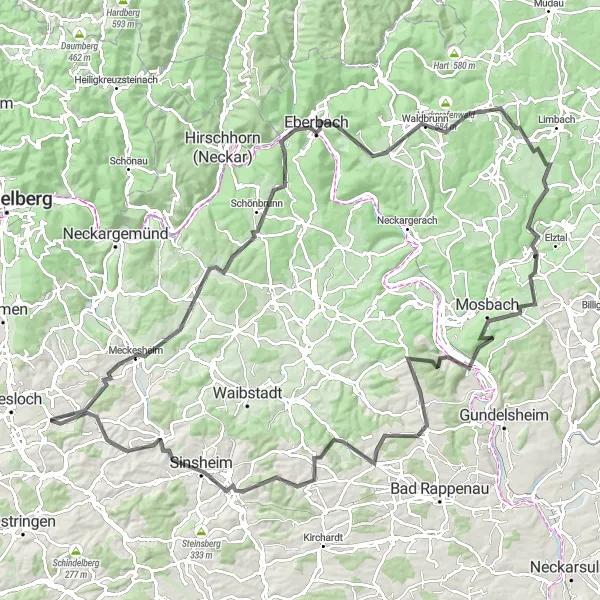 Map miniature of "Exploring the Odenwald" cycling inspiration in Karlsruhe, Germany. Generated by Tarmacs.app cycling route planner
