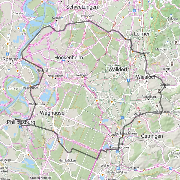 Map miniature of "Rhein-Speyer Loop" cycling inspiration in Karlsruhe, Germany. Generated by Tarmacs.app cycling route planner