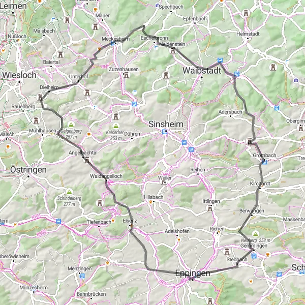 Map miniature of "Dielheim Circuit" cycling inspiration in Karlsruhe, Germany. Generated by Tarmacs.app cycling route planner