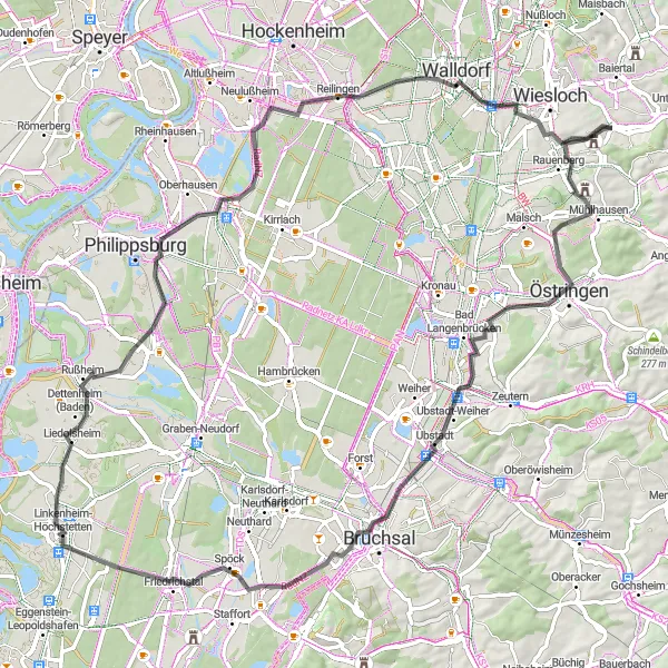 Map miniature of "Panoramic Views and Historic Villages" cycling inspiration in Karlsruhe, Germany. Generated by Tarmacs.app cycling route planner