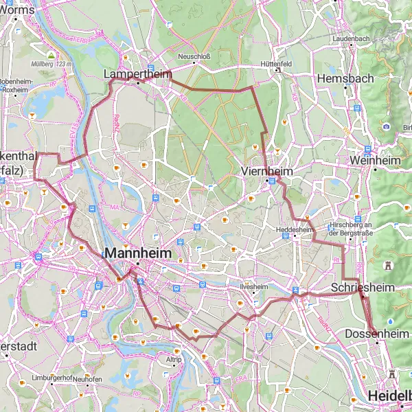 Map miniature of "From Ladenburg to Kurpfalzblick: Gravel Adventure for Nature Enthusiasts" cycling inspiration in Karlsruhe, Germany. Generated by Tarmacs.app cycling route planner