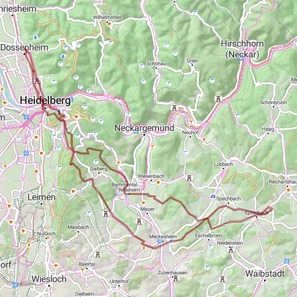 Map miniature of "Challenge Yourself: Dossenheim Gravel Trail to Mönchzell" cycling inspiration in Karlsruhe, Germany. Generated by Tarmacs.app cycling route planner
