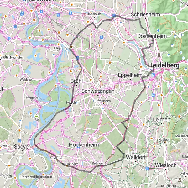 Map miniature of "Bergheim to Dossenheim: An Enchanting Road Cycling Adventure" cycling inspiration in Karlsruhe, Germany. Generated by Tarmacs.app cycling route planner