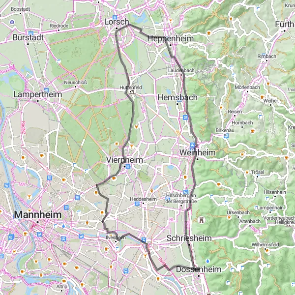 Map miniature of "Scenic Road Exploration" cycling inspiration in Karlsruhe, Germany. Generated by Tarmacs.app cycling route planner