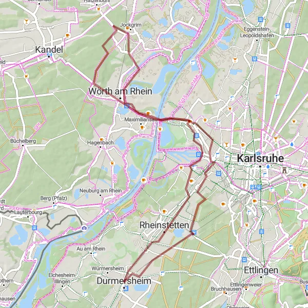 Map miniature of "Gravel Adventure to Rheinstetten" cycling inspiration in Karlsruhe, Germany. Generated by Tarmacs.app cycling route planner