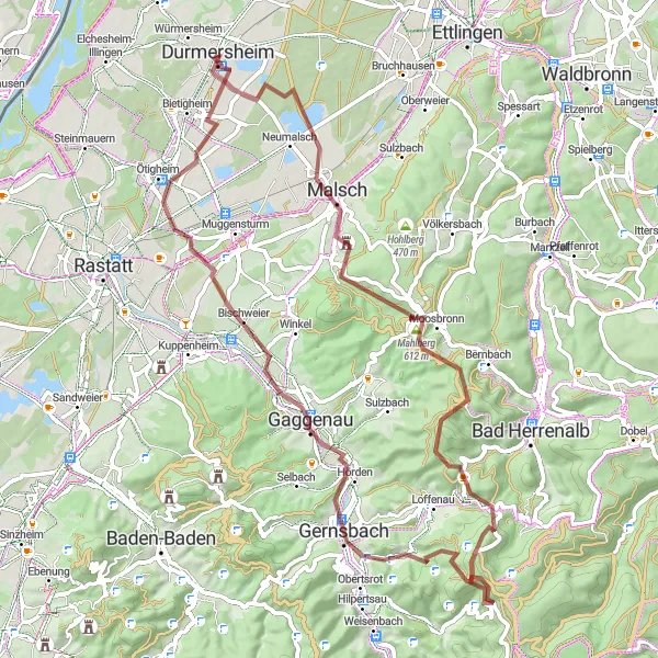 Map miniature of "Durmersheim Gravel Challenge" cycling inspiration in Karlsruhe, Germany. Generated by Tarmacs.app cycling route planner