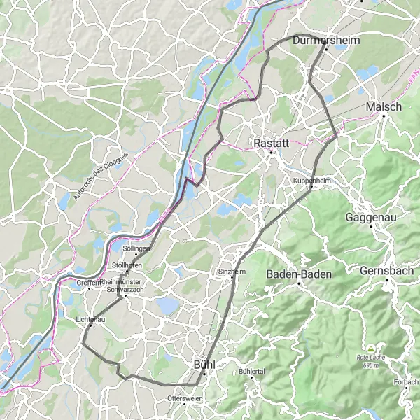 Karten-Miniaturansicht der Radinspiration "Von Durmersheim nach Durmersheim durch die Ortenau" in Karlsruhe, Germany. Erstellt vom Tarmacs.app-Routenplaner für Radtouren