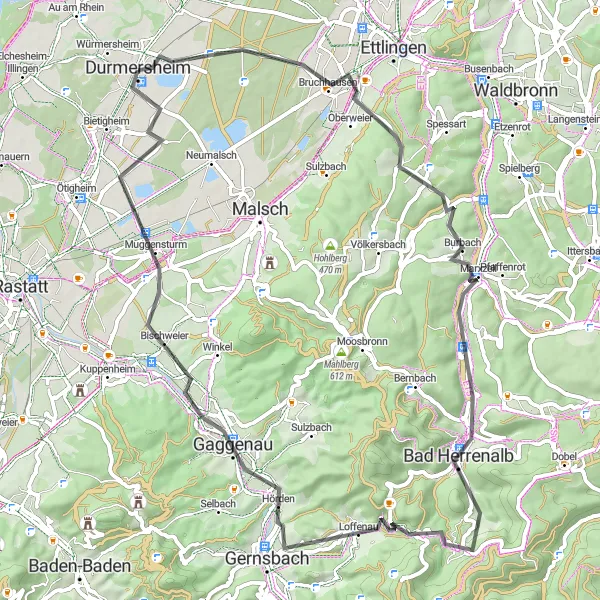 Map miniature of "Durmersheim - Bad Herrenalb - Durmersheim" cycling inspiration in Karlsruhe, Germany. Generated by Tarmacs.app cycling route planner