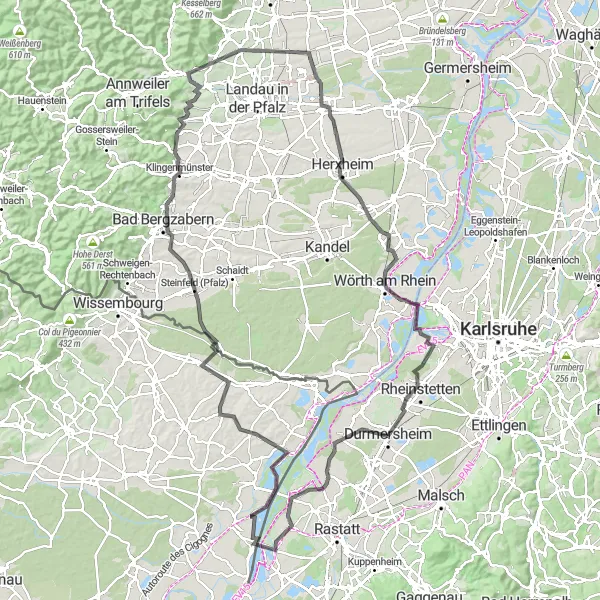 Map miniature of "Epic Road Cycling Tour through the Palatinate Region" cycling inspiration in Karlsruhe, Germany. Generated by Tarmacs.app cycling route planner